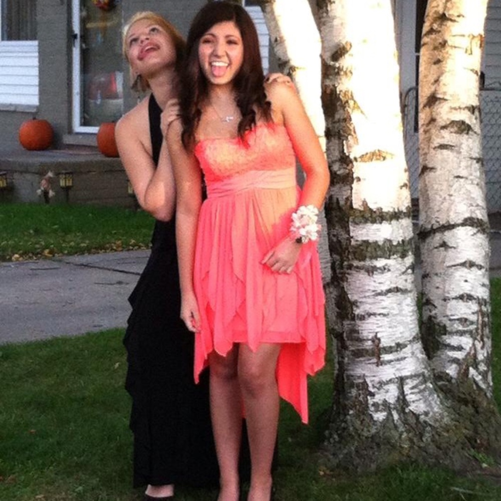 Size 5 Coral strapless high-low homecoming dress